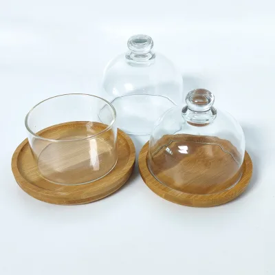 Food Grade Glass Butter Keeper Dustproof Butter Storage Box with Glass Dome Lid Bamboo Pallet for Home Use