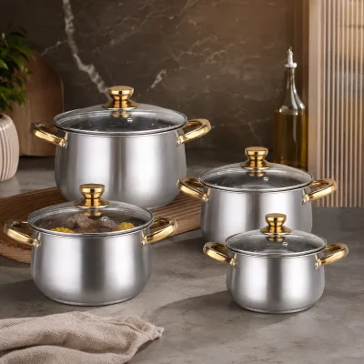 Wholesale Stainless Steel Cookware Set 8Pcs Cooking Pots with Glass Lids Gold Handles for Kitchen