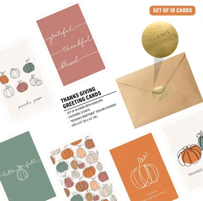 18 Happy Thanksgiving Cards Assortment 6.75" X 4.5" Wallet Envelope Family Friends Kids Adults Clients Teachers Customers YS
