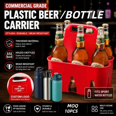 Custom Logo Plastic Beer Carrier Heavy Duty Food Grade PP Bottle Holder Fits Sport Water Bottles Portable Beverage Caddy Basket