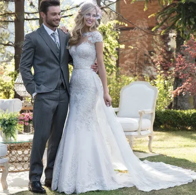 Illusion Neckline Lace Mermaid Detachable Luxury Elegant Bridal Dresses