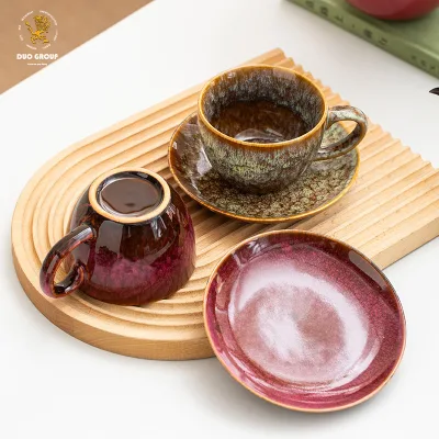 Gradient Unique Texture Latte Tea Mug Handmade Reactive Glaze Ceramic Coffee Cup and Saucer Set
