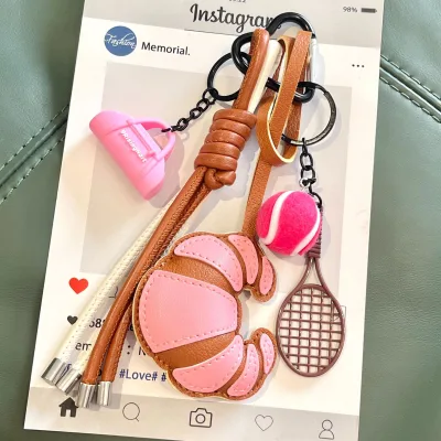HECION PU Leather Croissant Keychain Coffee Cup Charm Multi Color Bag Pendant Carabiner Clip Fashion Accessories Creative Gift