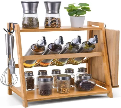 Kitchen Organizer with Free Punch 3-Layer Bamboo Polygon Spice Rack for Seasoning and Sundries Storage