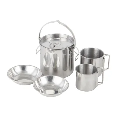 Stainless Steel Camping Kettle Pots Set of Five Cooking Tools Portable Cookware Kitchenware Utensils Cups Bowls Set Customized