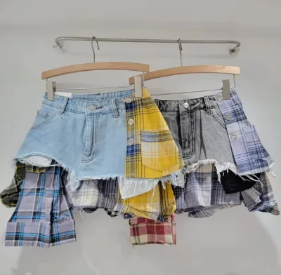 C0054 2024 Summer Checkered High Waisted A-line Denim Shorts Irregular Y2K Skirt for Women