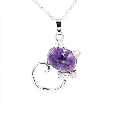 Handmade Classic Cat Pendant Necklace Unisex Children's Birthday Gift Lovely Stone Amulet Strand Chain for Healing Crystal Ball
