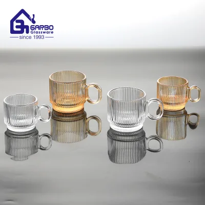 Promotion Classic Stripe Design Clear Glass Tea Mug 3oz Stock Fancy Drinking Glasses for Middle East Market Tea Cups Saucers