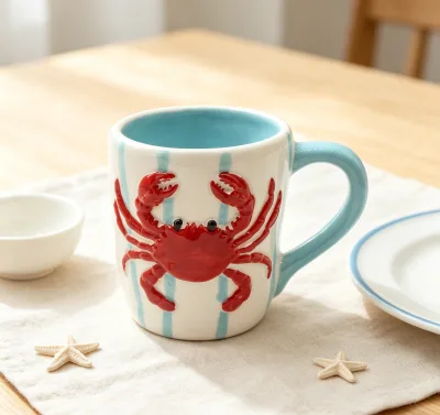 Custom Hand Painted Embossed Octopus Ceramic Mug Coastal Blue Striped Coffee Cup Home Kitchen Drinkware Souvenir