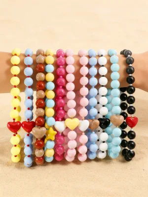 Niche Ins Trendy Multicolor Boho Resin Large Round Beads Necklace Heart Pendant Choker Women Handmade Jewelry for Vacation