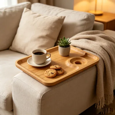 Wood Rectangle Customized Color & Logo American Style Party Disposable Eco-Friendly Food Serving Tray with Wine Glass Holder