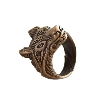 Fashion Gothic Retro Antique Gold Color Copper Design Engraved Men Jewelry Wolf Ring
