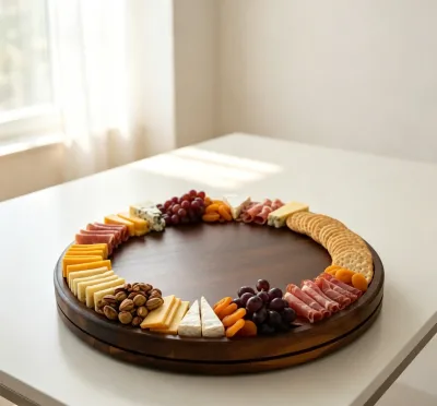 Popular Customized Modern Handmade Big Round Serving Tray Kitchen Housewarming Gift Rotating Large Wooden Tray