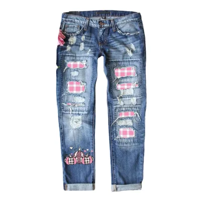 Unique New Trendy Slim Fit Denim Pant for Women High Street Casual Y2K Vintage Cute Sexy Light Multiple Pattern Patchwork Jeans