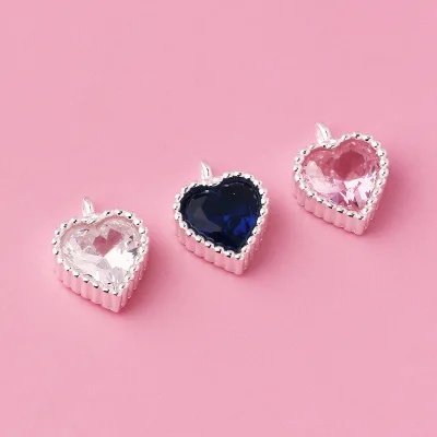 7.9mm Fine 925 Sterling Silver Pink Zircon Heart Shape Charm Pendant for Necklaces Bracelets Jewelry Supplies