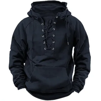 European and American Plus Size Men's Hoodie Retro Lace up Pullover Hooded Casual Long Sleeved Hoodie for Men