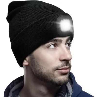 LED Beanie Hat with Light,Unisex USB Rechargeable Hands Free 4 LED Headlamp Cap Winter Knitted Night Lighted Hat Flashlight
