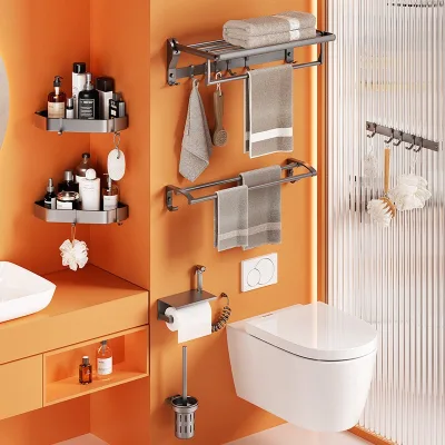 Gunmetal Gray Minimalist Style Bathroom Accessories Set Made Space Aluminum No-Drill Required Includes Towel Rack Triangular