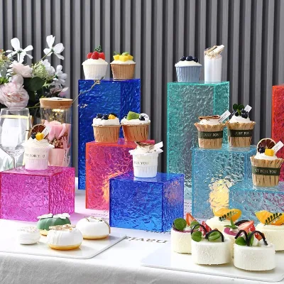 Gaojian Custom Logo Acrylic Wedding Hotel Pillars Plinth Buffet Food Riser Tea Break Cake Dessert Stand Cube
