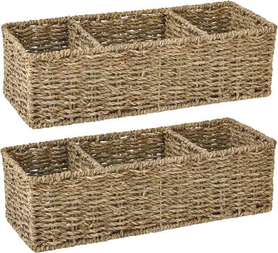 Yulin Jiafu 3-section Seagrass Storage Baskets Shelves 2-pack Toilet Paper Basket Back Tank Topper Wicker Toilet Basket Storage