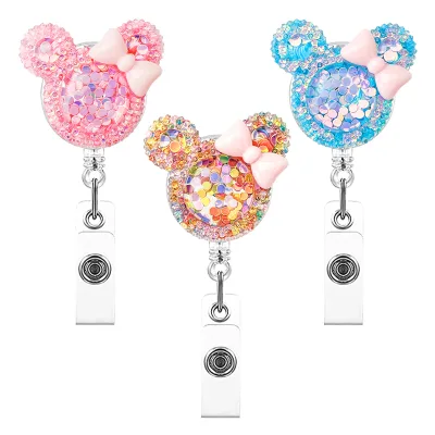Cute Cartoon Crystal Acrylic Glitter Retractable Nursing ID Badge Holder Keychain Wholesale Accessory