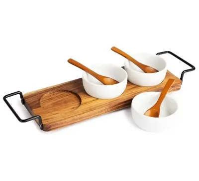 Wooden Dip Serving Plate Relish Tray Acacia Wood Serving Tray with Stainless Steel Handles