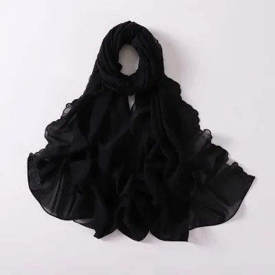 Custom Sweet Wave Edge Embroidery Customization Headscarf Multi-Colors Embroidered Hijab Pearl Chiffon Turban Muslim Hijab