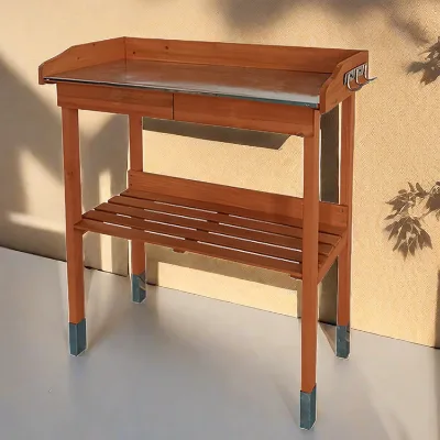 Garden Multipurpose Wooden Potting Work Bench with Hooks Zinc Tabletop Patio Gardening Tool Storage Shelf Planting Station