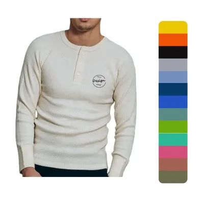 Spring New Waffle Knitted T Shirt Henley Collar 100 Cotton Men Slim Fit Long Sleeve Casual Collarless Shirt for Men