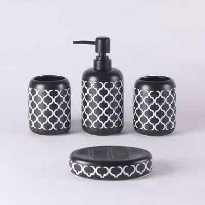 Factory Custom Applique Pattern 4-Piece Black Ceramic Washroom Accessories Set