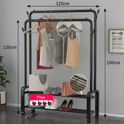 2 Pole Clothes Hanging Rack Stand with Wheels Black Color Modern Coat Rack Bedroom Bag Rack Freestanding