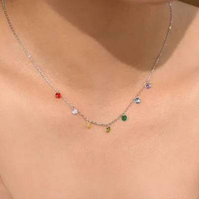 925 Sterling Silver Rainbow Dangle Zircon Multi Color Drop Charm Necklace for Women Jewelry