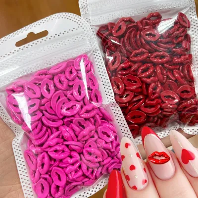3D Pink Red Lips Nail Items Valentines Kiss Nails Alloy Design Jewelry Valentines Day Nails Decoration