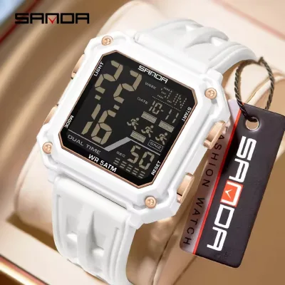 SANDA 6373 Square Transparent Timing Electronic Men's Watch Student Alarm Clock Multi Functional Waterproof Sports Watch