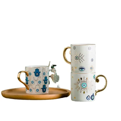 ZHICAI Nordic Design Porcelain Blue Cartoon Pattern Mug Gold Handle Dishwasher Microwave Safe Coffee/Tea Gift Box Packaging Lid