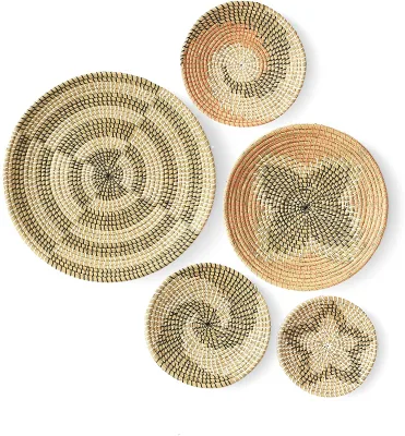 Natural Oversized Woven Storage Basket Rattan Serving Tray Seagrass Flat Fruit Bowl Round Boho Hanging Wall Art Basket Decor Set