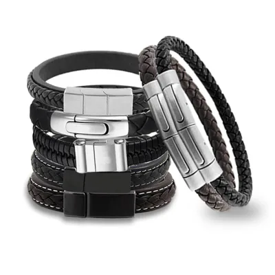 Braided Leather Rope Wristband Stainless Steel Magnetic Clasp Engraving Adjustable Custom Wrap Genuine Leather Bracelets Mens