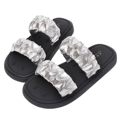 Ann'S Comfort Slide Silver Open Toe Slip-On Sandals 2cm Cushion Water Repellent Casual Slippers Summer Outdoor Shoes Rhinestone