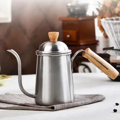 650ML Stainless Steel Coffee Maker Pour Over Coffee and Tea Kettle with Wooden Handle Drip Coffee Pot with Lid Eco-Friendly
