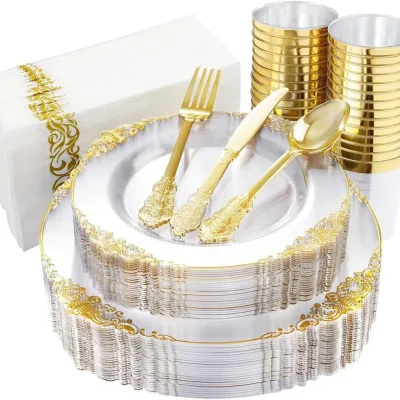 175PCS Plastic Disposable Party Set Transparent Gold Embossed Plates 7.5inch + 10.25inch + Cutlery Forks Spoons Cups