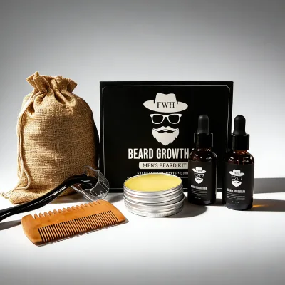 Wholesale 6 Piece Beard Growth Kit Men's Beard Care Set Argan Jojoba Rosemary Oil Beard Softener Moisturizer Grooming Set OEM