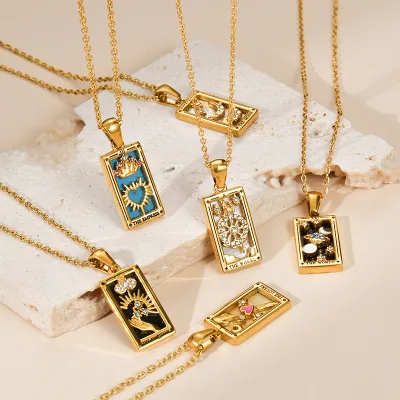 Ins Fashion Retro Tarot Diamond Inlaid Pendant Stainless Steel Rectangular Oil Dripping Tarot Necklace Fashion Jewelry