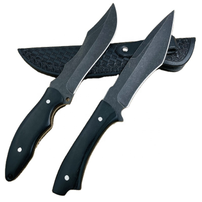 Double Worthy Stone Washed Black Hunting Knife 440B Steel Fixed Blade Knife Survival Knife with Leather Sheath