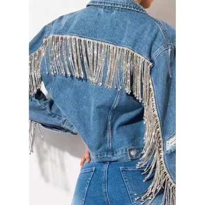 Custom Cropped Denim Top Long Pants Women's Sets Diamond Decoration Cutout Wide Leg Jeans Two Piece Sets