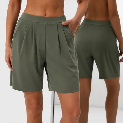 Women Tailored High Waist Wide Leg Shorts Pleated Casual Bermuda Bottoms Side Pockets Athleisure Streetwear Shorts