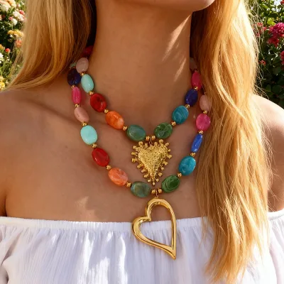 Retro Bohemian Colorful Resin Beads Choker Necklace - Vintage Gold Hollow Heart Collar Bone Chain Fashion Accessory for Ladies