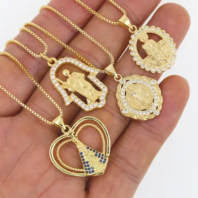 Fashion Design Gold Plated Virgin Mary Heart Shape Hamsa Shape Brass CZ Religious Necklace