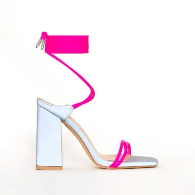 Wholesale custom made logo shoe reflective lace up block heels ladies sandals shoes luxury