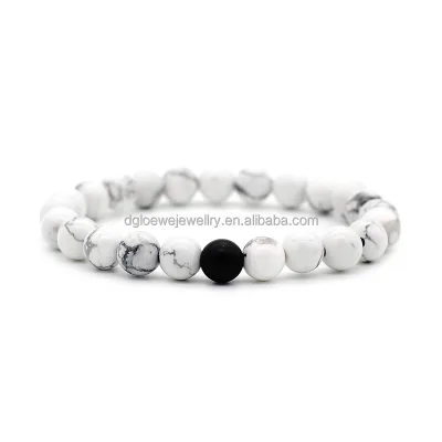 Best Friend Anniversary Gift - 8mm Glossy Onyx & White Crystal Adjustable Bracelet | Shatterproof Elastic Cord (16-25cm Wrist)