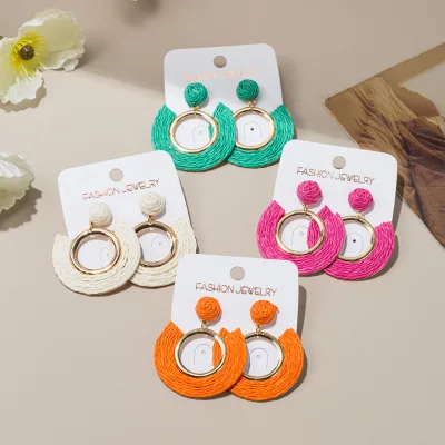 Women Summer Beach Earrings Hand Woven Raffia Rattan Geometric Round Earrings Exaggerated Fashion Earrings